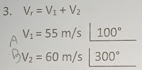 V_r=V_1+V_2
V_1=55m/sl_ 100°
V_2=60m/s|_ 300°