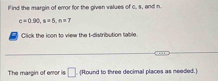 Find the margin of error for the given values of c, s, and n.
c=0.90, s=5, n=7
Click the icon to view the t-distribution table. 
The margin of error is □. (Round to three decimal places as needed.)