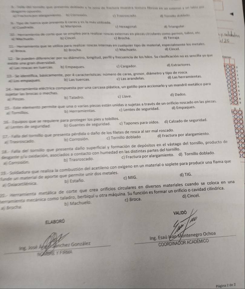 Sala de toralo que presenta dobiado y la cona de fractura muestra testura fíibrusa en un esterno y un labió pue
degara apceião
al Practur per alangamiento. b) Córrosión c) Trasroscado d) Toruña doblado
Tipe de tuenza que gresenta 6 caras y es la más utilizada
= Cucranía b) Mariposa c) Hexagonal. d) Triangular
22 - cemamenta de corte que se emplea para realizar roscas externas en piezas circulares como pernos, tubos, et y soda
a Wazhue b) Cíncel c) Brocha. d) Terraja
reramenta que se utíica para realizar roscas internas en cualquier tipo de material, especialmente los metales. z1.2s
a  Buna b) Brocha c) Machuelo. d) Cincel.
22 - Se pueden differenciar por su didmetro, longitud, perfil y frecuencia de los hilos. Su clasificación no es sencilla ya que
Examan
exitte una giar dversifat
a Las roscas em ttuecas b)) Empaques. c) Cargador. d) Extractores.
Se memíica, basicamente, por 4 características: número de caras, grosor, diámetro y tipo de rosca.
a ls empaques b) Las tuércas. c) Las arandelas. d) Las herramientas
DE- Henamienta elecárica compuesta por una carcasa plástica, un gatillo para accionarlo y un mandril metálico para
sueran las broces o mechas.
aj)Pimres b) Taladro. c) Llave. d) Dados.
- Ese elemento permite que una o varías piezas están unidas o sujetas a través de un orificio roscado en las piezas.
a) Tomilios b) Herramientas. c) Lentes de seguridad. d) Empaques.
26 - Equipos que se requière para proteger los píes y tobillos.
al dettes de segundiad b) Guantes de seguridad. c) Tapones para oidos. d) Calzado de seguridad.
27 . Felia del tomilio que presenta pérdida o daño de los filetes de rosca al ser mal roscado.
a) Time rncatin b) Corrosión. c) Tornillo doblado d) Fractura por alargamiento.
26 - Fala del nomilio que presenta daño superficial y formación de depósitos en el vástago del tornillo, producto de
tengarta y u oxidiación, asociados a contacto con humedad en las distintas partes del tornillo.
aComosom b) Trasroscado. c) Fractura por alargamiento. d) Tornillo doblado.
29 - Spidatiura que realiza la combustión del acetileno con oxígeno en un material o soplete para producir una flama que
funde un manerial de aporte que permite unir dos metales.
a Cnasetiênica b) Estaño. c) MIG. d) TIG.
207 Herramienta metálica de corte que crea orificios circulares en diversos materiales cuando se coloca en una
eramienta mecánica como taladro, berbiquí u otra máquina. Su función es formar un orificio o cavidad cilíndrica.
b) Machuelo. c) Broca. d) Cincel.
VALIDó
ELABORó
ing. José Ánge sanchez González Ing. Esaú Iván Montenegro Ochoa
NONPFE Y FIRMA  CoordINADOR ACADémiCO
Página 2 de 2