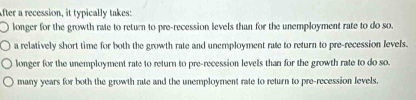 After a recession, it typically takes:
longer for the growth rate to return to pre-recession levels than for the unemployment rate to do so.
a relatively short time for both the growth rate and unemployment rate to return to pre-recession levels.
longer for the unemployment rate to return to pre-recession levels than for the growth rate to do so.
many years for both the growth rate and the unemployment rate to return to pre-recession levels.