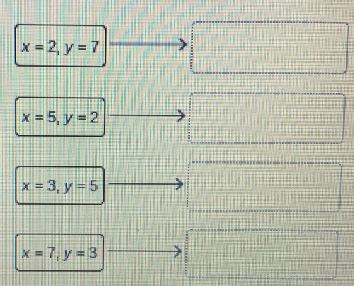 x=2, y=7
x=5, y=2
x=3, y=5
x=7, y=3