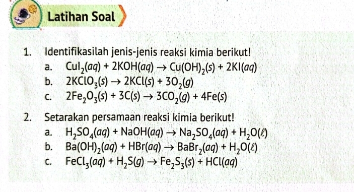 Latihan Soal 
1. Identifikasilah jenis-jenis reaksi kimia berikut! 
a. CuI_2(aq)+2KOH(aq)to Cu(OH)_2(s)+2KI(aq)
b. 2KClO_3(s)to 2KCl(s)+3O_2(g)
C. 2Fe_2O_3(s)+3C(s)to 3CO_2(g)+4Fe(s)
2. Setarakan persamaan reaksi kimia berikut! 
a. H_2SO_4(aq)+NaOH(aq)to Na_2SO_4(aq)+H_2O(ell )
b. Ba(OH)_2(aq)+HBr(aq)to BaBr_2(aq)+H_2O(ell )
C. FeCl_3(aq)+H_2S(g)to Fe_2S_3(s)+HCl(aq)