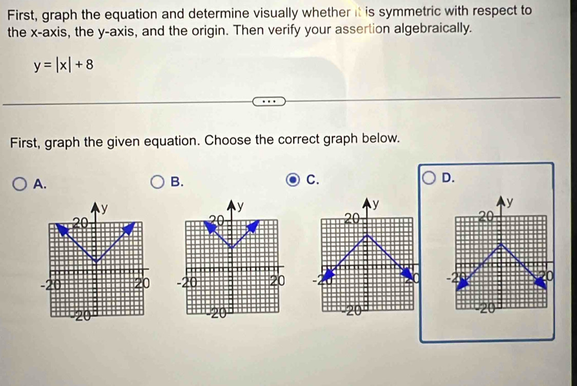 First, graph the equation and determine visually whether it is symmetric with respect to 
the x-axis, the y-axis, and the origin. Then verify your assertion algebraically.
y=|x|+8
First, graph the given equation. Choose the correct graph below. 
A. 
B. 
C. 
D.