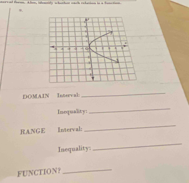 nterval form. Also, identify whether each relation is a function. 
9. 
DOMAIN Interval: 
_ 
Inequality: 
_ 
RANGE Interval: 
_ 
Inequality: 
_ 
FUNCTION？_