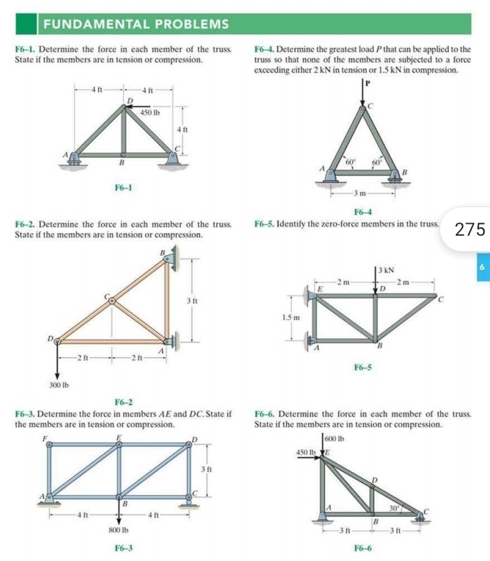 FUNDAMENTAL PROBLEMS
F6-1. Determine the force in each member of the truss. F6-4. Determine the greatest load P that can be applied to the
State if the members are in tension or compression. truss so that none of the members are subjected to a force
exceeding either 2 kN in tension or 1.5 kN in compression.
P
C
60° 60°
A o B
3 m
F6-4
F6-2. Determine the force in each member of the truss. F6-5. Identify the zero-force members in the truss.
State if the members are in tension or compression. 275
3 kN
6
2 m
E D 2 m
c
1.5 m
A B
F6-5
6-2
F6-3. Determine the force in members AE and DC. State if F6-6. Determine the force in each member of the truss.
the members are in tension or compression. State if the members are in tension or compression.
F E D 
3 ft
A
C
B
4 ft 4 ft
800 lb 
F6-3