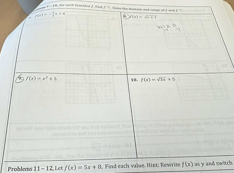 lm 7 ~ 10, for each function / , find f^(-1). State the domain and range of f and f^(-1). 
7. f(x)=- 2/3 x+4
8. f(x)=sqrt(x+1)
9. f(x)=x^2+5 10. f(x)=sqrt(3x)+5
Problems 11-12 , Let f(x)=5x+8. Find each value. Hint: Rewrite f(x) as y and switch