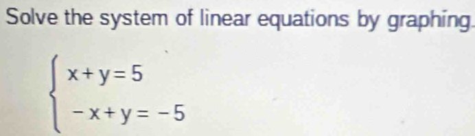 Solve the system of linear equations by graphing
beginarrayl x+y=5 -x+y=-5endarray.