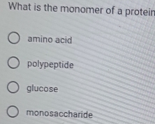 What is the monomer of a protein
amino acid
polypeptide
glucose
monosaccharide