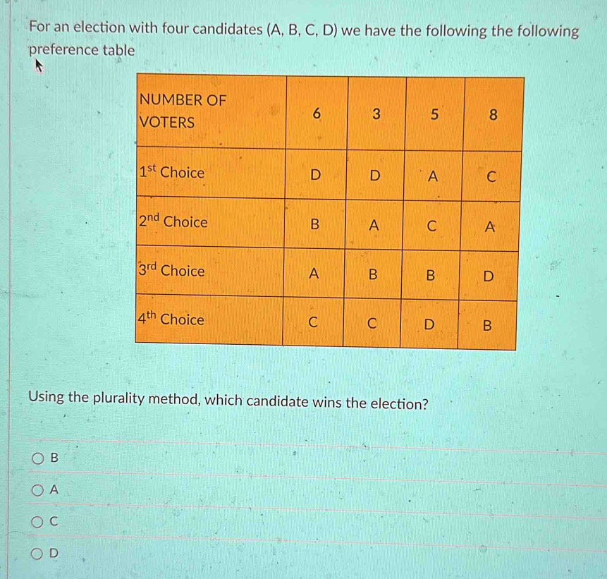 For an election with four candidates (A, B, C, D) we have the following the following
preference table
Using the plurality method, which candidate wins the election?
B
A
C
D