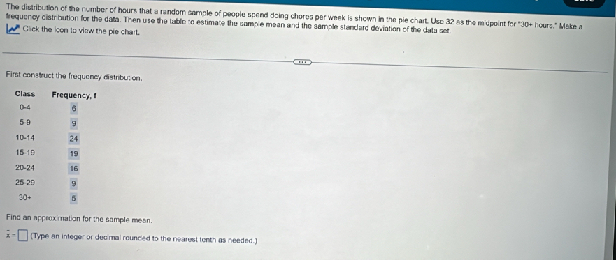 The distribution of the number of hours that a random sample of people spend doing chores per week is shown in the pie chart. Use 32 as the midpoint for "30+ hours." Make a 
frequency distribution for the data. Then use the table to estimate the sample mean and the sample standard deviation of the data set 
Click the icon to view the pie chart. 
First construct the frequency distribution. 
Class Frequency, f
0-4
5 -9  6/9 
10 - 14 24
15-19 19
20-24 16
25-29  9/5 
30 + 
Find an approximation for the sample mean
overline x=□ (Type an integer or decimal rounded to the nearest tenth as needed.)