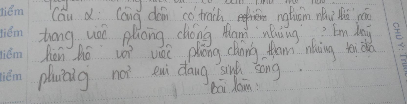 Cau d Cang don co trach ngtiom nǎi thǒ náo 
Zhong uioe placng chóng Mhan `nhingo? Em bny 
Rien ho voì veè póng chóng fam náing tei da 
plaiaig not eni dang sund song 
bai lan?