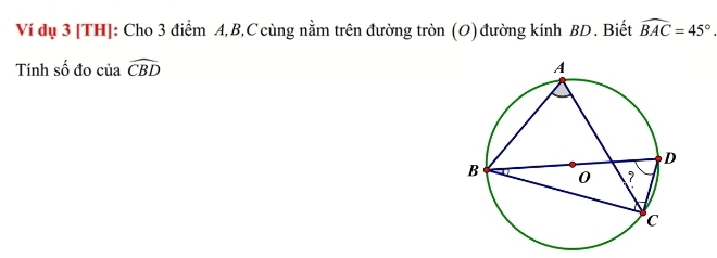 Ví dụ 3 [TH]: Cho 3 điểm A, B, C cùng nằm trên đường tròn (O) đường kính BD. Biết widehat BAC=45°. 
Tính số đo ciawidehat CBD