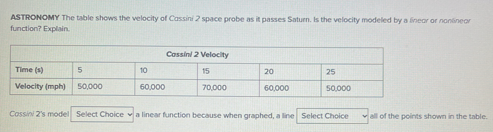 ASTRONOMY The table shows the velocity of Cassini 2 space probe as it passes Saturn. Is the velocity modeled by a linear or nonlinear 
function? Explain. 
Cassini 2's model Select Choice a linear function because when graphed, a line Select Choice all of the points shown in the table.