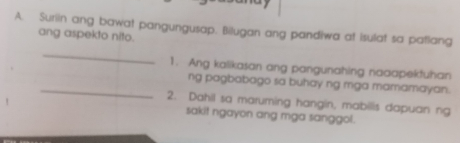 Suriin ang bawat pangungusap. Bilugan ang pandiwa at isulat sa patlang 
ang aspekto nito. 
_ 
1. Ang kalikasan ang pangunahing naaapektuhan 
_ng pagbabago sa buhay ng mga mamamayan. 
2. Dahil sa maruming hangin, mabilis dapuan ng 
sakit ngayon ang mga sanggol.