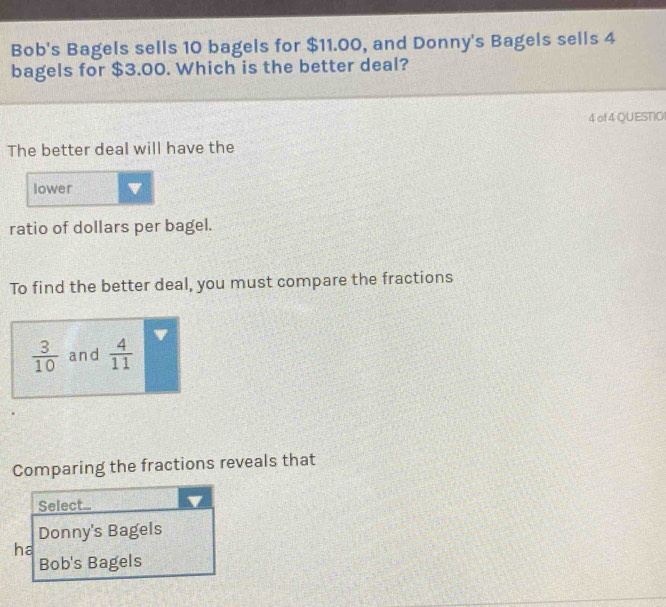 Solved: Bob's Bagels sells 10 bagels for $11.00, and Donny's Bagels ...