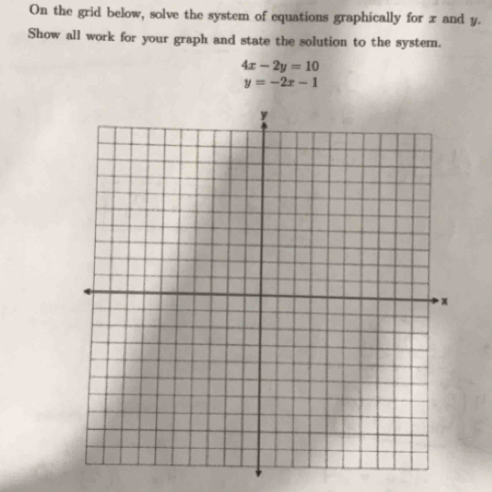 On the grid below, solve the system of equations graphically for x and y.
Show all work for your graph and state the solution to the system.
4x-2y=10
y=-2x-1