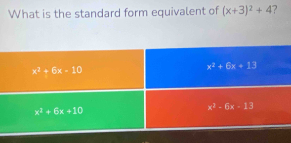 What is the standard form equivalent of (x+3)^2+4 ?