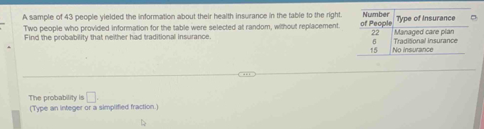 A sample of 43 people yielded the information about their health insurance in the table to the right 
Two people who provided information for the table were selected at random, without replacement. 
Find the probability that neither had traditional insurance. 
The probability is □. 
(Type an integer or a simplified fraction.)