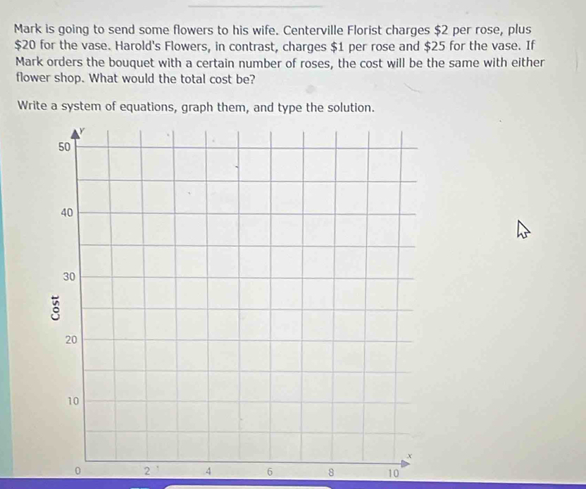 Mark is going to send some flowers to his wife. Centerville Florist charges $2 per rose, plus
$20 for the vase. Harold's Flowers, in contrast, charges $1 per rose and $25 for the vase. If 
Mark orders the bouquet with a certain number of roses, the cost will be the same with either 
flower shop. What would the total cost be? 
Write a system of equations, graph them, and type the solution.
0 2 4 6 8 10