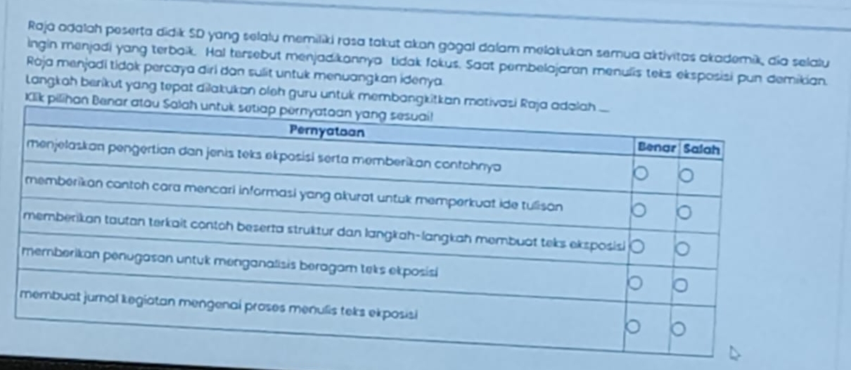 Raja adalah peserta didik SD yang selalu memiliki rasa takut akan gàgal dalam melakukan semua aktivitas akademik, dia selalu 
ingin menjadi yang terbaik. Hal tersebut menjadikannya tidak fokus. Saat pembelajaran menulis teks eksposisi pun demikian. 
Ròja menjadi tidak percaya diri dan sulit untuk menuangkan idenya. 
Langkah berikut yang tepat dilakukan oleh guru untuk membangkitkan 
Klik pilihan B