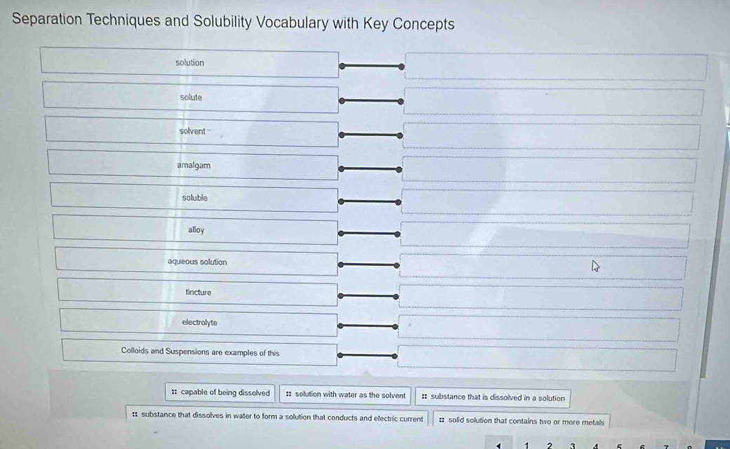 Separation Techniques and Solubility Vocabulary with Key Concepts
solution
solute
solvent
amalgam
soluble
alloy
aqueous solution
tincture
electrolyte
Colloids and Suspensions are examples of this
:: capable of being dissolved : solution with water as the solvent :: substance that is dissolved in a solution
: substance that dissolves in water to form a solution that conducts and electric current : solid solution that contains two or more metals
1 2 3
