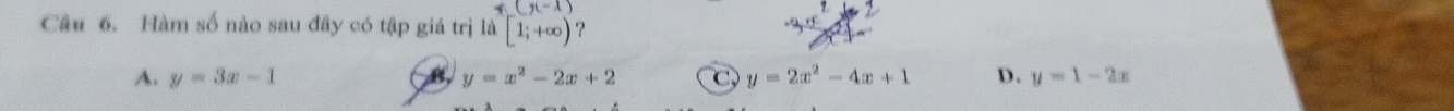 f()(-1)
Câu 6. Hàm số nào sau đây có tập giá trị là [1;+∈fty ) ?
A. y=3x-1 B y=x^2-2x+2 C y=2x^2-4x+1 D. y=1-2x