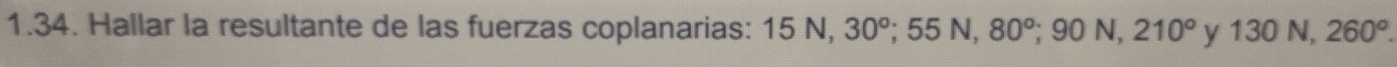 Hallar la resultante de las fuerzas coplanarias: 15N. 30°; 55N, 80°; 90N, 210° y130N, 260°.