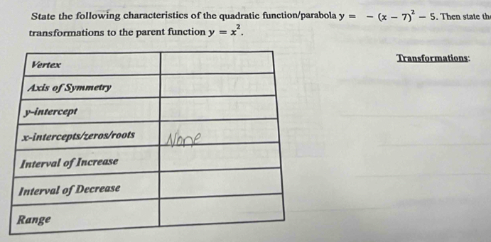 State the following characteristics of the quadratic function/parabola y=-(x-7)^2-5. Then state th
transformations to the parent function y=x^2. 
Transformations: