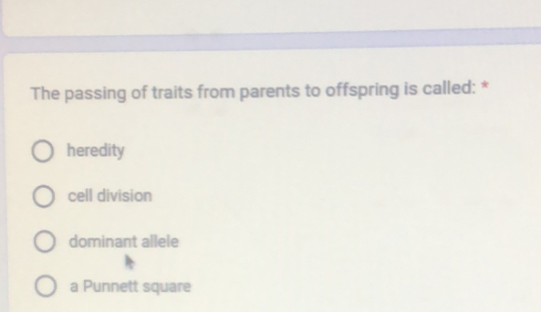 The passing of traits from parents to offspring is called: *
heredity
cell division
dominant allele
a Punnett square