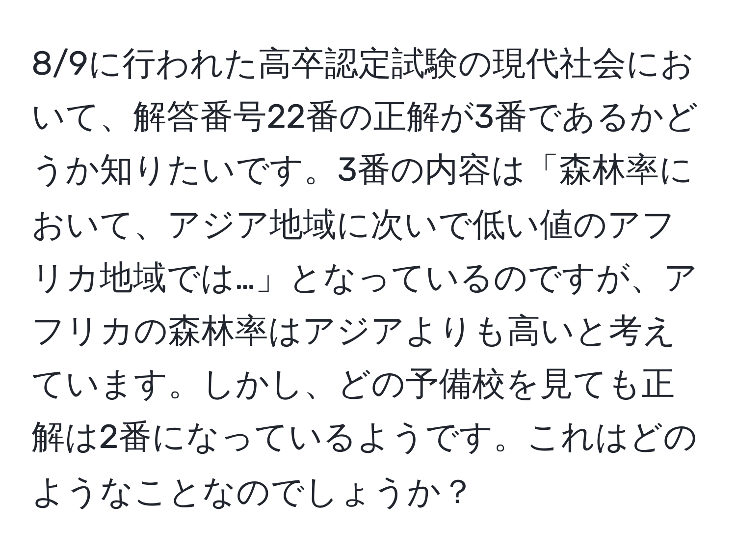 8/9に行われた高卒認定試験の現代社会において、解答番号22番の正解が3番であるかどうか知りたいです。3番の内容は「森林率において、アジア地域に次いで低い値のアフリカ地域では…」となっているのですが、アフリカの森林率はアジアよりも高いと考えています。しかし、どの予備校を見ても正解は2番になっているようです。これはどのようなことなのでしょうか？