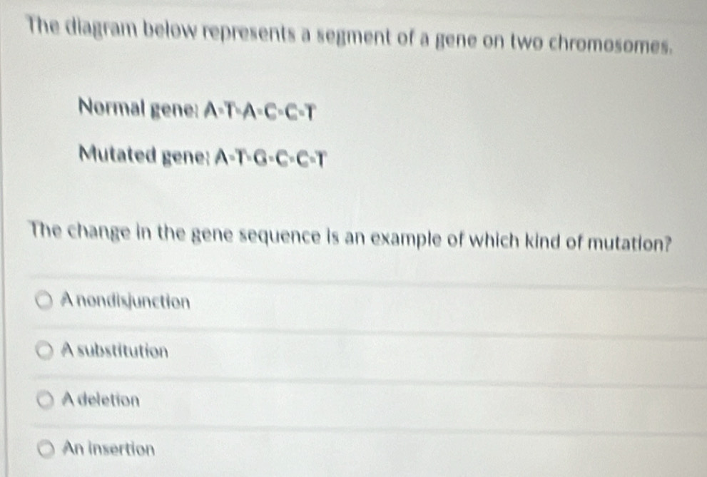 The diagram below represents a segment of a gene on two chromosomes.
Normal gene: A· T· A=C· C· T
Mutated gene: A=T-G=C=C=T
The change in the gene sequence is an example of which kind of mutation?
A nondisjunction
A substitution
A deletion
An insertion