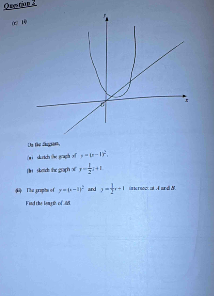 (c] (i) 
On the diagrarn, 
(a) sketch the graph of y=(x-1)^2, 
[b) sketch the graph of y= 1/2 x+1. 
(ii) The graphs of y=(x-1)^2 ard y= 1/2 x+1 intersect at 4 and B. 
Find the length of AB.