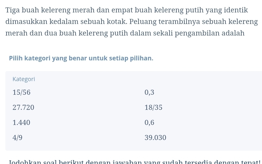 Tiga buah kelereng merah dan empat buah kelereng putih yang identik
dimasukkan kedalam sebuah kotak. Peluang terambilnya sebuah kelereng
merah dan dua buah kelereng putih dalam sekali pengambilan adalah
Pilih kategori yang benar untuk setiap pilihan.
Kategori
15/56 0,3
27.720 18/35
1.440 0,6
4/9 39.030
Jodohkan soal berikut dengan jawaḥan vang sudaḥ tersedia dengan tenat