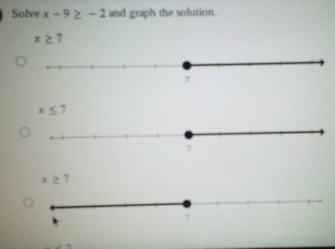 Solve x-9≥ -2 and graph the solution.
x≥ 7
x≤ 7
x≥ 7