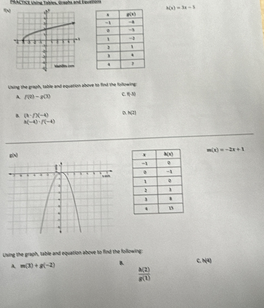 PRACTICE Lising Tables, Graphs and Équations
f(x)
h(x)=3x-5
Using the graph, table and equation above to find the following:
A. f(0)-g(3)
C. f(-3)
B. (h· f)(-4)
D. h(2)
h(-4)· f(-4)
(x)=-2x+1
8(x) 
Using the graph, table and equation above to find the following:
A. m(3)+g(-2)
B.
C. N(4)
 h(2)/g(1) 