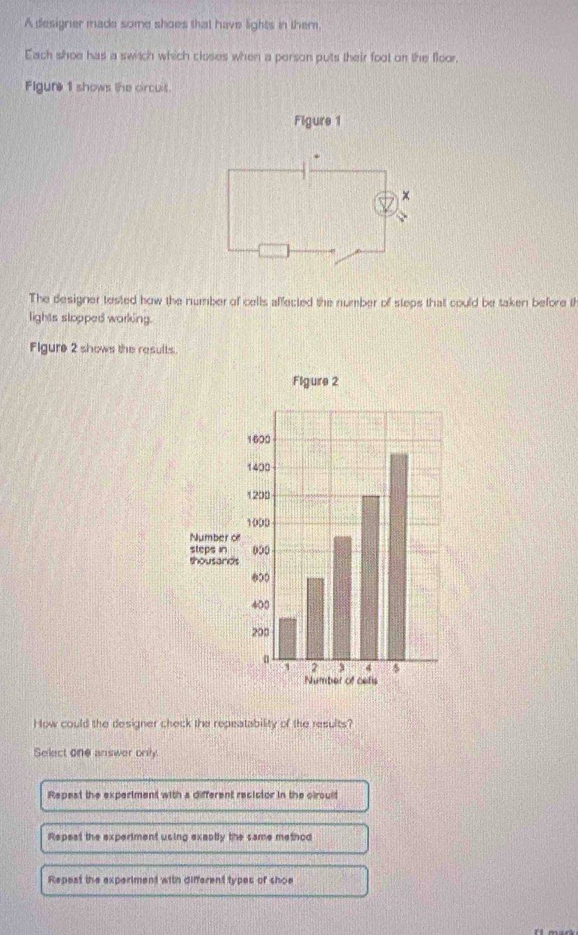 A designer made some shoes that have lights in them
Each shoe has a switch which closes when a person puts their foot on the floor,
Flgure 1 shows the circuit.
Figure 1
x
The designer tested how the number of cells affected the number of steps that could be taken before th
lights stopped working.
Figure 2 shows the results.
Figure 2
1600
1490
1200
1000
Number of
steps in 000
thousands
600
400
200
a 2 4 5
Number of cets
How could the designer check the repeatability of the results?
Select one answer only.
Repest the experiment with a different recictor in the ciroult
Repest the experiment using exaptly the same method
Repest the experiment with different types of shoe