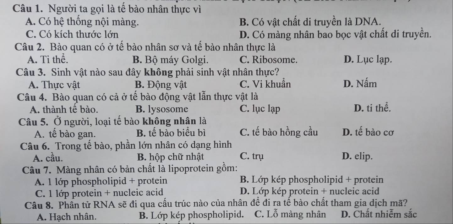 Người ta gọi là tế bào nhân thực vì
A. Có hệ thống nội màng. B. Có vật chất di truyền là DNA.
C. Có kích thước lớn D. Có màng nhân bao bọc vật chất di truyền.
Câu 2. Bào quan có ở tế bào nhân sơ và tế bào nhân thực là
A. Ti thể. B Bộ máy Golgi. C. Ribosome. D. Lục lạp.
Câu 3. Sinh vật nào sau đây không phải sinh vật nhân thực?
A. Thực vật B. Động vật C. Vi khuẩn D. Nấm
Câu 4. Bào quan có cả ở tế bào động vật lẫn thực vật là
A. thành tế bào. B. lysosome C. lục lạp D. ti thể.
Câu 5. Ở người, loại tế bào không nhân là
A. tế bào gan. B. tế bào biểu bì C. tế bào hồng cầu D. tế bào cơ
Câu 6. Trong tế bào, phần lớn nhân có dạng hình
A. cầu. B. hộp chữ nhật C. trụ D. elip.
Câu 7. Màng nhân có bản chất là lipoprotein gồm:
A. 1 lớp phospholipid + protein B. Lớp kép phospholipid + protein
C. 1 lớp protein + nucleic acid D. Lớp kép protein + nucleic acid
Câu 8. Phần tử RNA sẽ đi qua cấu trúc nào của nhân để đi ra tế bào chất tham gia dịch mã?
A. Hạch nhân. B. Lớp kép phospholipid. C. Lỗ màng nhân D. Chất nhiễm sắc