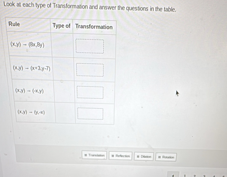 Look at each type of Transformation and answer the questions in the table.
#t Translation # Refection # Dilation # Rotation
1 1