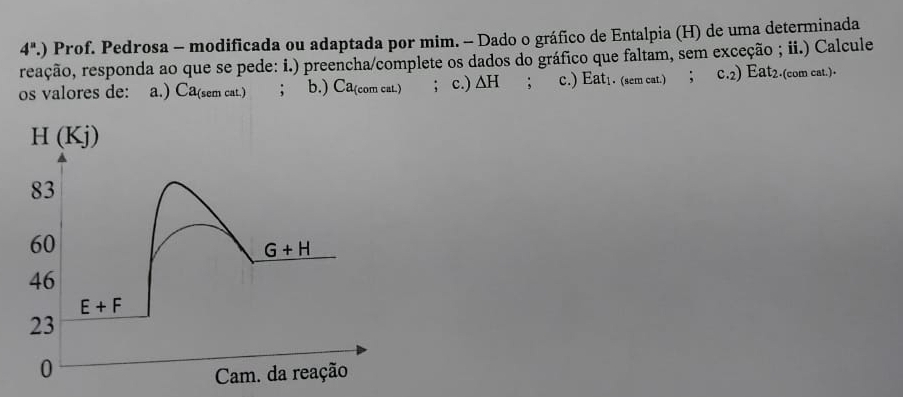 4^a.) Prof. Pedrosa - modificada ou adaptada por mim. - Dado o gráfico de Entalpia (H) de uma determinada
reação, responda ao que se pede: i.) preencha/complete os dados do gráfico que faltam, sem exceção ; ii.) Calcule
os valores de: a.) Ca(sem cat.) ; b.) Ca(com cat.) ; c.) △ H; c.) Eatı. (sem cat.) ； c.2) Eat2.(com cat.)•