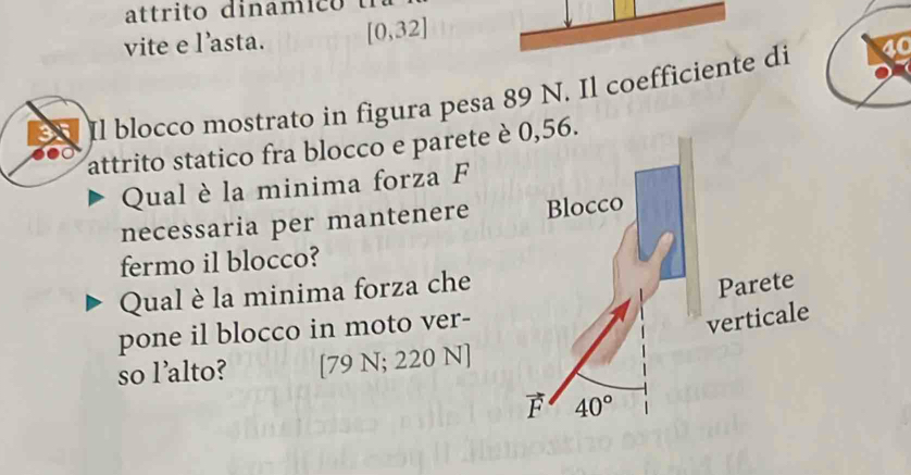 vite e l’asta. [0,32]
3 Il blocco mostrato in figura pesa 89 N. Il coefficiente di
attrito statico fra blocco e parete è 0,56.
Qual è la minima forza F
necessaria per mantenere
fermo il blocco?
Qual è la minima forza che
pone il blocco in moto ver-
so l’alto? [79 N; 220 N]