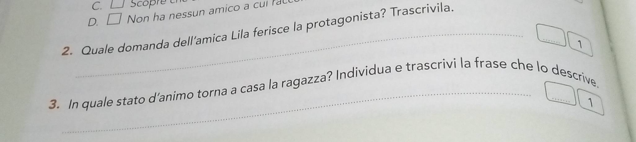 angle Scopre
D. □ Non ha nessun amico a cul rac
_
2. Quale domanda dell’amica Lila ferisce la protagonista? Trascrivila.
1
_
3. In quale stato d’animo torna a casa la ragazza? Individua e trascrivi la frase che lo descrive.
1