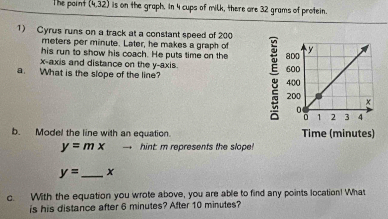 The point (4,32) is on the graph. In 4 cups of milk, there are 32 grams of protein. 
1) Cyrus runs on a track at a constant speed of 200
meters per minute. Later, he makes a graph of 
his run to show his coach. He puts time on the 
x-axis and distance on the y-axis. 
a. What is the slope of the line? 
b. Model the line with an equation. Time (minutes)
y=mx hint: m represents the slope!
y= _ x
c. With the equation you wrote above, you are able to find any points location! What 
is his distance after 6 minutes? After 10 minutes?