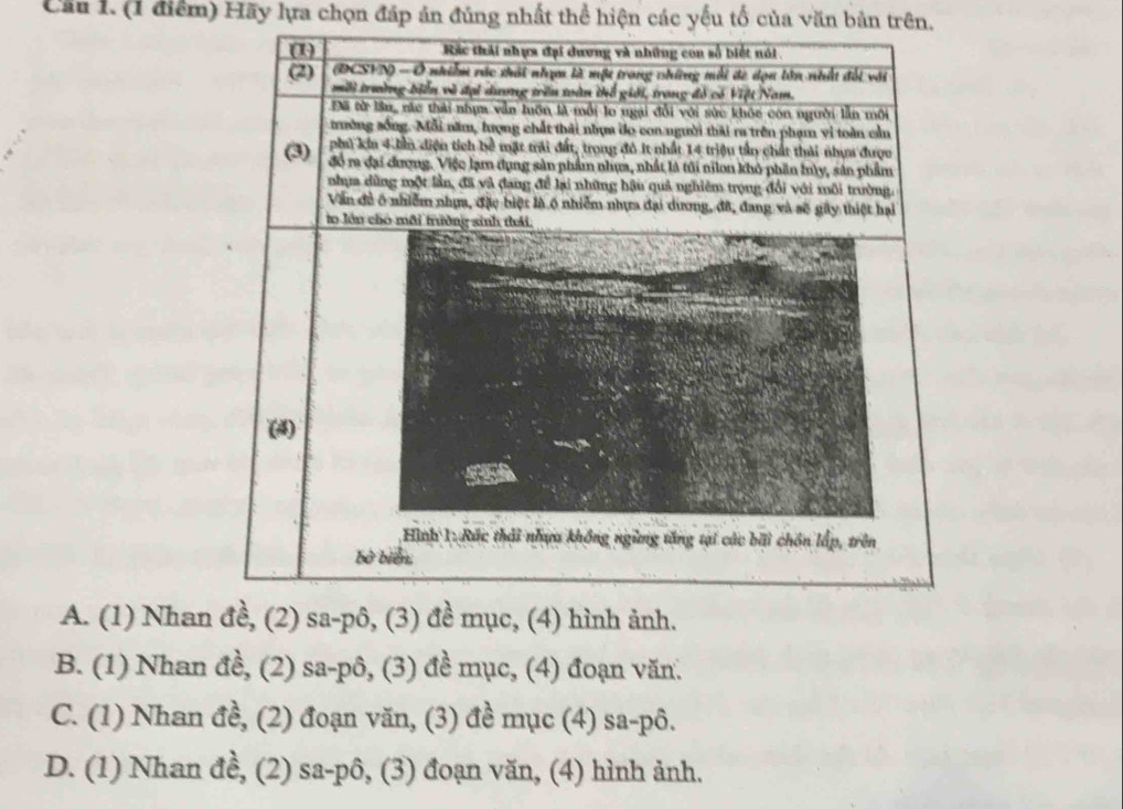 Cầu 1. (1 điểm) Hãy lựa chọn đáp án đúng nhất thể hiện các yếu tố của văn bản trên.
(1) Rác thái nhựa đại dương và những con số biết nói.
DCSYN) - Ô nhiễm rác thải nhạm là một trong chững mỗi đe dọn tớn nhất đối với
(2) mỗi trường biến và đại dương trên toàn thổ giới, trang đỏ có Việt Nam.
Đã từ lần, rắc thái nhịm vẫn luôn là mỗi lo ngai đổi với sửc khói còn người lẫn môi
trường sống. Mỗi năm, lượng chất thái nhựa đo con người thái ra trên phạm vi toàn cần
phủ ki 4 lần diện tích bể mặt trải đất, trong đô It nhất 14 triệu tấn chất thải nhựa được
(3) để ra đại đượng. Việc lạm dụng sản phẩm nhựa, nhất là tôi nilon khô phần Iày, sản phẩm
nhụa dùng một lần, đã và đang để lại những hậu quả nghiêm trọng đổi với môi trường.
Văn đề ở nhiễm nhưa, đặc biệt là 6 nhiễm nhựa đại dương, đã, đang và sẽ gây thiệt hai
t lớn cho môi trường sinh thái
(4)
Hình 1: Rắc thải nhưa không ngừng tăng tại các bãi chồn lấp, trên
bò biển.
A. (1) Nhan đề, (2) sa-pô, (3) đề mục, (4) hình ảnh.
B. (1) Nhan đề, (2) sa-pô, (3) đề mục, (4) đoạn văn.
C. (1) Nhan đề, (2) đoạn văn, (3) đề mục (4) sa-pô.
D. (1) Nhan đề, (2) sa-pô, (3) đoạn văn, (4) hình ảnh.