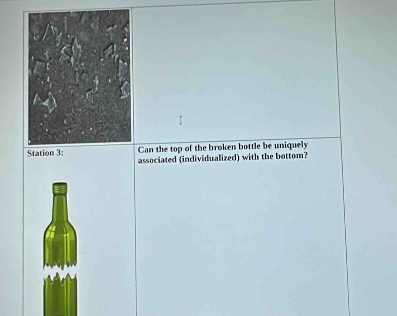 Station 3:Can the top of the broken bottle be uniquely 
associated (individualized) with the bottom?