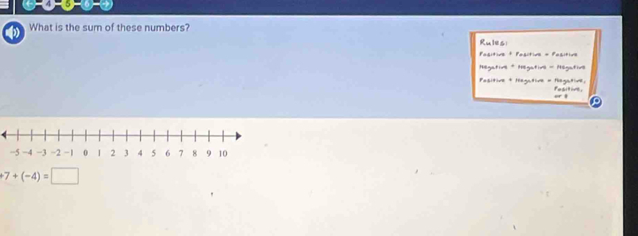 e-4)-5-6=
What is the sum of these numbers? 
Rules 
Pasitive + Pasitive - Pasitive 
Negative * Negative - Négative 
Positive + Negative = Negative. 
Fesitive, 
or l
+7+(-4)=□