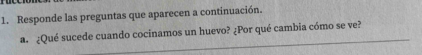 Responde las preguntas que aparecen a continuación. 
a. ¿Qué sucede cuando cocinamos un huevo? ¿Por qué cambia cómo se ve?