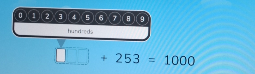 0 1 ) (2 X 3) (4)(5 6 7 8 9 
hundreds
□ +253=1000