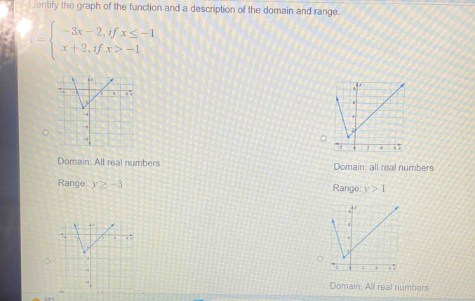 Identify the graph of the function and a description of the domain and range.
=beginarrayl -3x-2,ifx≤ -1 x+2,ifx>-1endarray.
Domain: All real numbers Domain: all real numbers
Range: y≥ -3 Range: y>1
Domain: All real numbers
BB°F