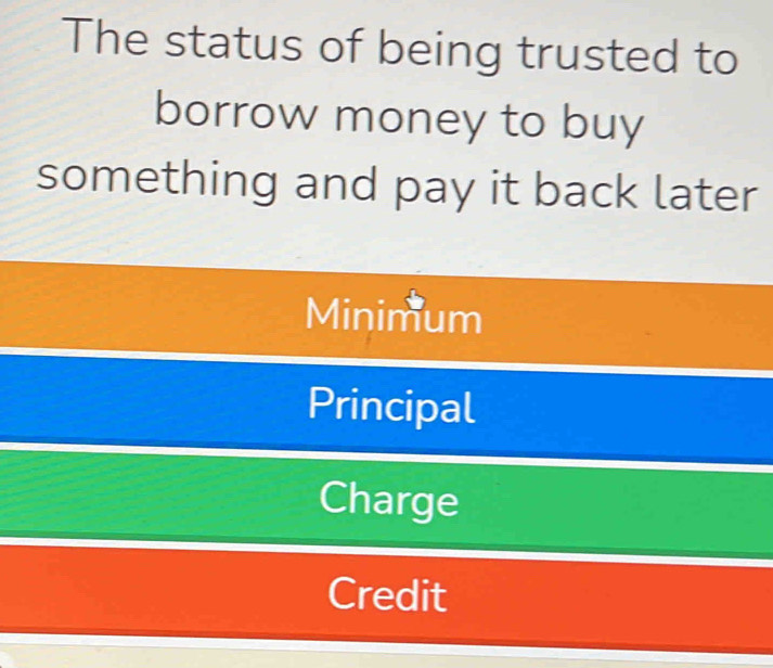 The status of being trusted to
borrow money to buy
something and pay it back later
Minimum
Principal
Charge
Credit