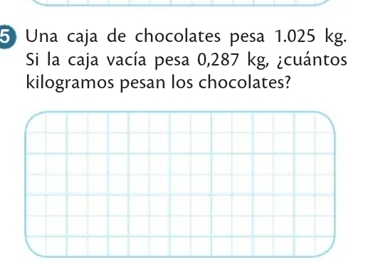 Una caja de chocolates pesa 1.025 kg. 
Si la caja vacía pesa 0,287 kg, ¿cuántos 
kilogramos pesan los chocolates?